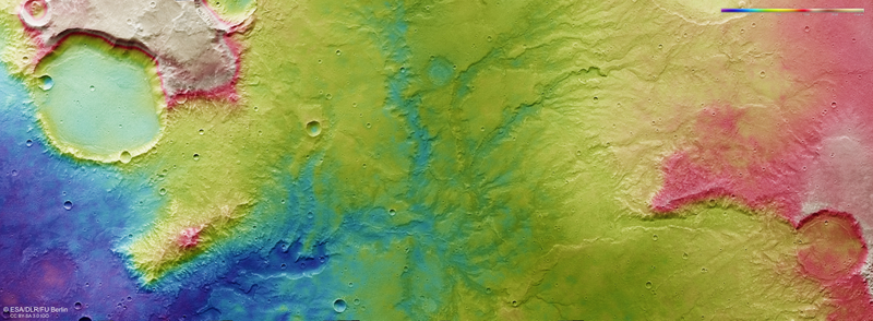 A topographic color-coded view of the region. Lower altitude areas are shown in blues and purples, while higher regions show up in whites, yellows, and reds,